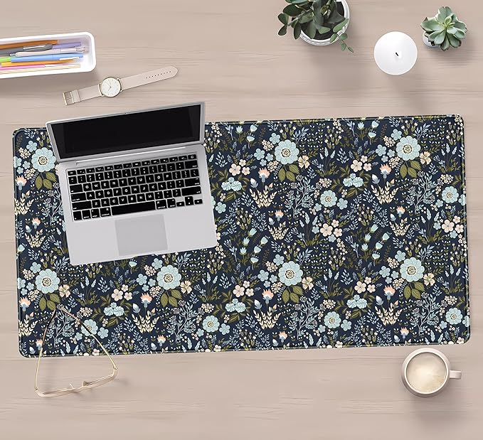 Blue Florals Desk Pad, Large Gaming Mouse Pad & Keyboard Mat, Laptop Computer Mat Desk Protector XXL, Vintage Office Desktop Decor 31.5"x15.75"