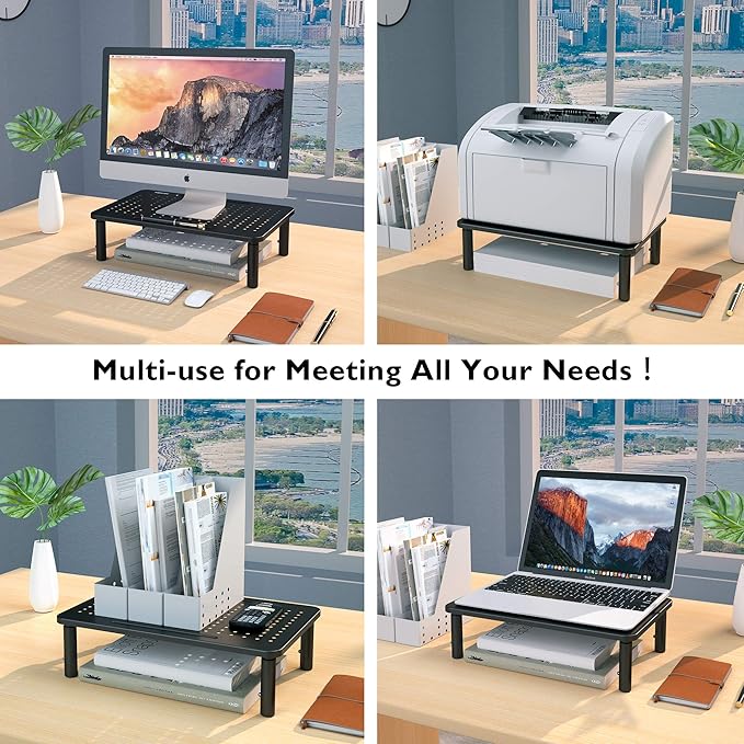 BONTEC 2 Pack 3 Height Adjustable Monitor Stand Riser with Pen Holder, Ergonomic Metal Laptop Stand with Cable Management, Desktop Stand for Computer, Printer (Black, 14.3” x 9.1”)