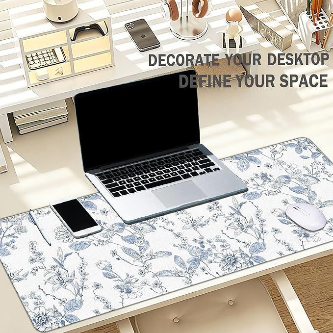 Light Blue Mouse Pad Blue Flroal Desk Mat, Flower Large Desk Mouse Pad Aesthetic, Chinoiserie Gaming Mousepad for Desk Computers Office Dorm Decor Flroal Gifts for Women 31.5x11.8