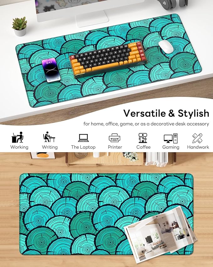 XL Gaming Mouse Pad, 31.5x15.7'' Large Desk Mat with Anti-Slip Rubber Base & Stitched Edges for Gaming, Office, Home - Annual Rings
