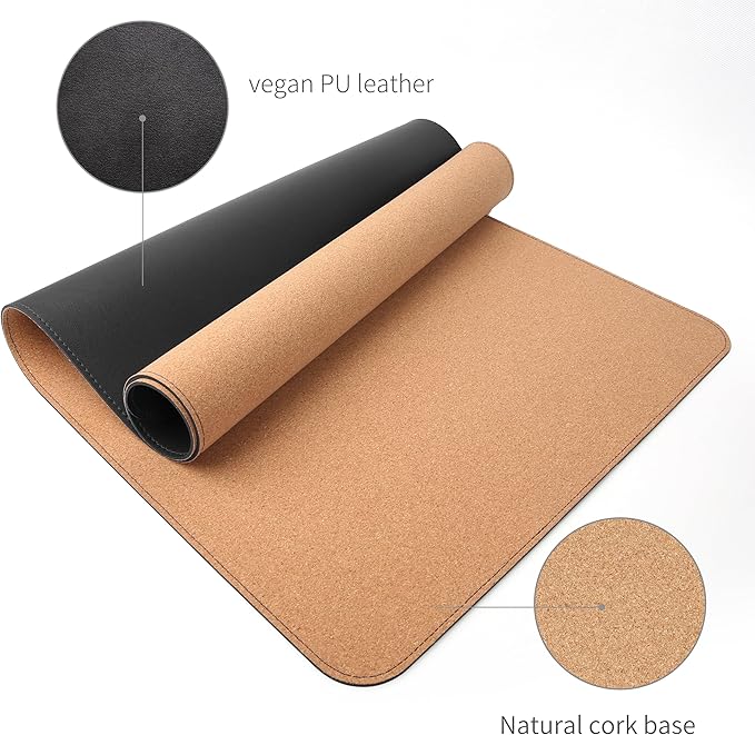 RENMTURE Dual-Sided Mouse Pad, Natural Cork & PU Leather Large Desk Pad for Office and Home Work, Desk Protector Non-Slip, Waterproof, Easy Clean (Black,47"x17")