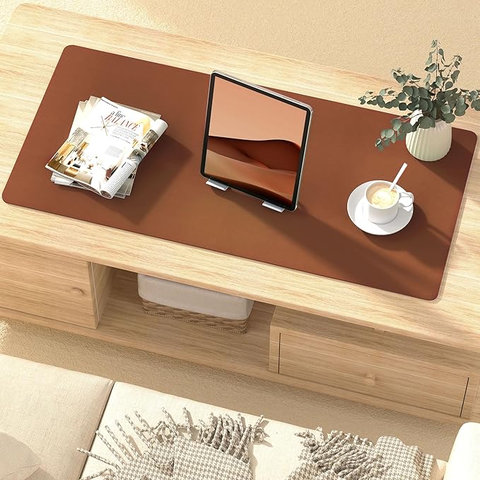 Roslim Leather Desk Pad Protector, Mouse Pad, Non-Slip Computer Mat for Desk, PU Leather Office Desk Mat for Home & Office, Waterproof Laptop Desk Blotter for Keyboard and Mouse, Brown (17''X48'')