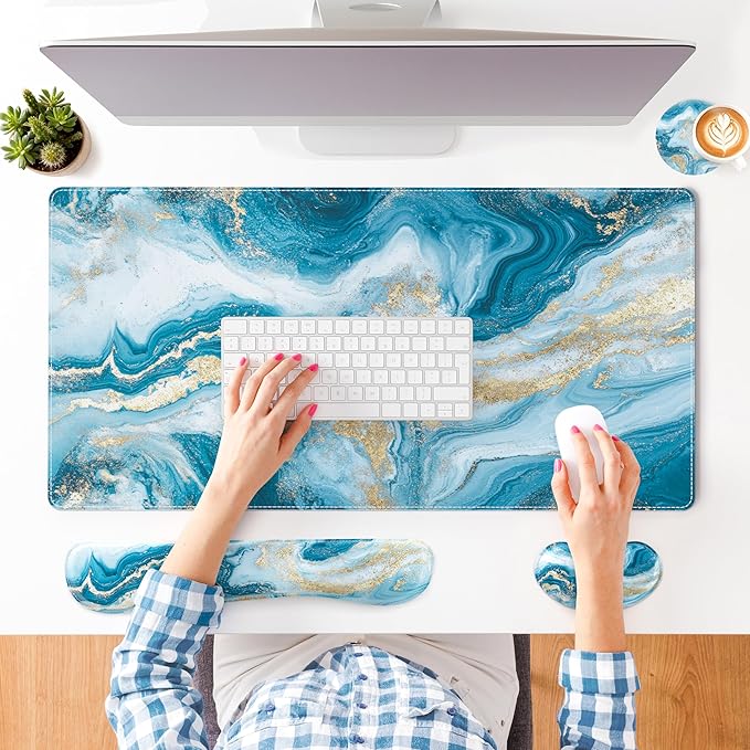 QiyI Leather Desk Mat Set, 4-in-1 Large Mouse Pad with Wrist Rest, Non-Slip Desk Pad + Keyboard Wrist Rest + Mouse Wrist Support + Coaster, Office Desk Accessories Home Decor Supplies, Blue Fluid Art