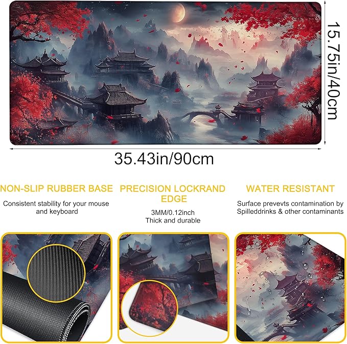Desk Pad Red Night Full Moon Desk Mat for Keyboard and Mouse, Large XXL Gaming Mouse Pad with Stitched Edges for Work Game Office, 35.43 x 15.75 in