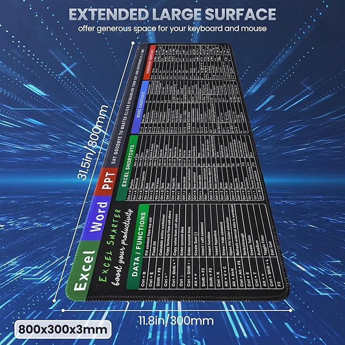 Excel Cheat Sheet Desk Pad, 31.5" x 11.8" Large Shortcuts Mouse Pad, Excel/Word/Power Point Computer Mat, Non-Slip Keyboard Shortcut and XL Gaming Desk Mat for Office Computer