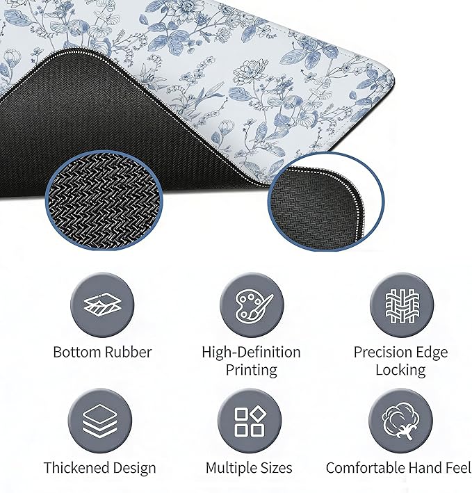 Light Blue Mouse Pad Blue Flroal Desk Mat, Flower Large Desk Mouse Pad Aesthetic, Chinoiserie Gaming Mousepad for Desk Computers Office Dorm Decor Flroal Gifts for Women 31.5x11.8