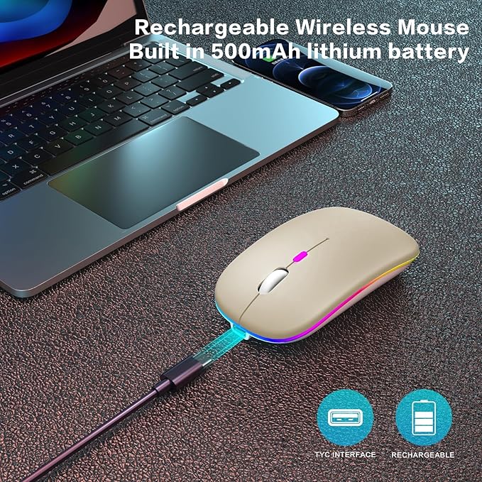 Wireless Bluetooth Mouse - Rechargeable Laptop Mice - with LED Lights,Dual Mode(Bluetooth 5.2 & Portable USB 2.4G) Connection,Silent - Computer Mouse for Laptop,iPad,Tablet,MacBook,& PC(Gold)