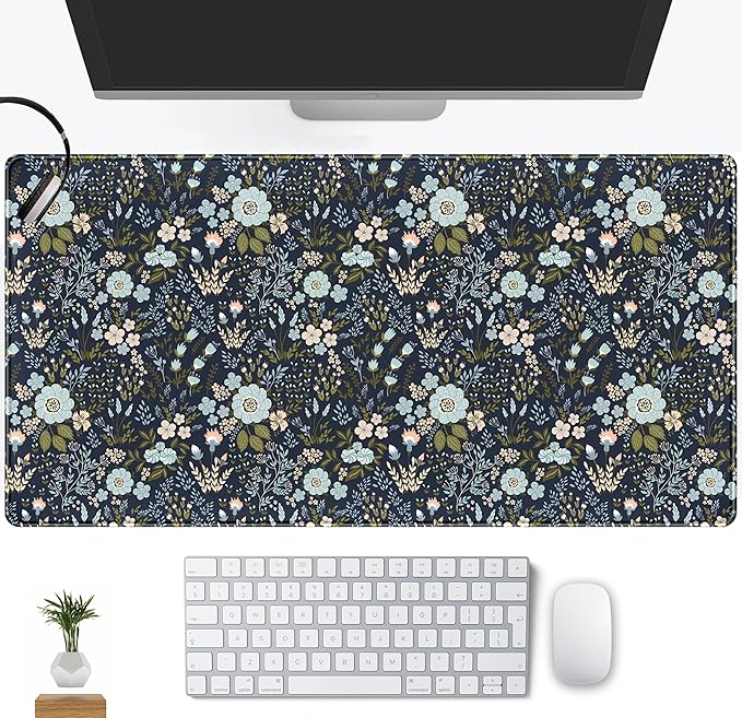 Blue Florals Desk Pad, Large Gaming Mouse Pad & Keyboard Mat, Laptop Computer Mat Desk Protector XXL, Vintage Office Desktop Decor 31.5"x15.75"