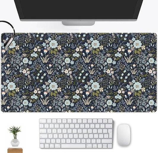 Blue Florals Desk Pad, Large Gaming Mouse Pad & Keyboard Mat, Laptop Computer Mat Desk Protector XXL, Vintage Office Desktop Decor 31.5"x15.75"