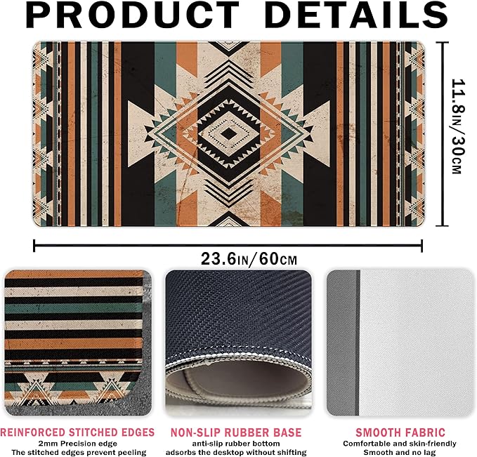 Rug Western Mouse Pad Stuff, Western Desk Accessories Vintage Aztec Rug Desk Mat Retro Native American Mouse Pads for Cowboys Large Gaming Mats for Women Men 23.6x11.8