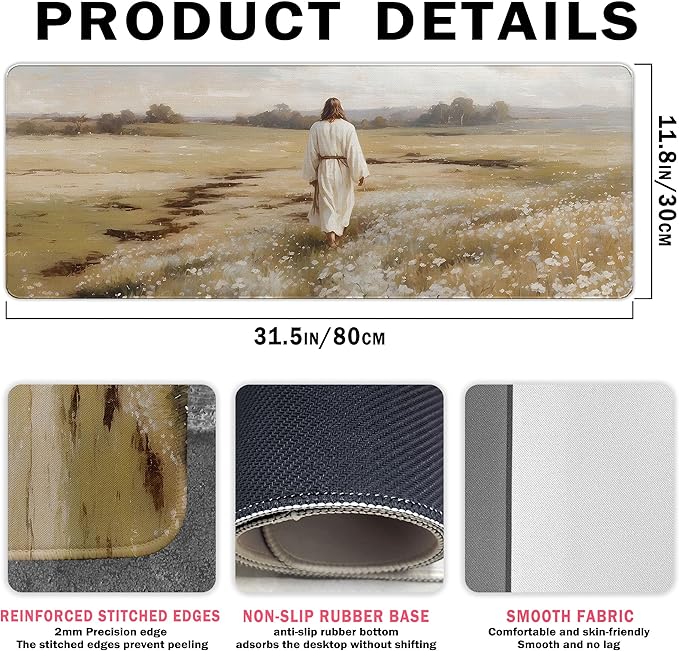 Christian Mouse Pad Jesus and Flroal Desk Mat Religious Large Computer Mouse Pad for Desk, Jesus XL Long Aesthetic Desktop Mats for Office Christian Gifts for Women 31.5x11.8