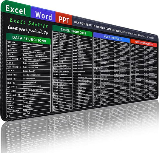 Excel Cheat Sheet Desk Pad, 31.5" x 11.8" Large Shortcuts Mouse Pad, Excel/Word/Power Point Computer Mat, Non-Slip Keyboard Shortcut and XL Gaming Desk Mat for Office Computer