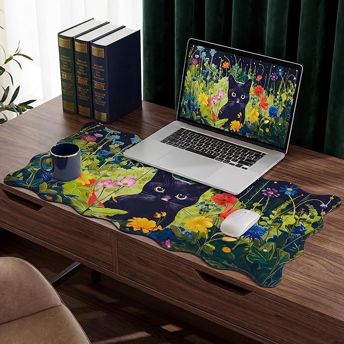 Kingdder Black Cat Floral Scalloped Desk Mat 31.5" x 15.7" Large Cute Cat Mouse Pad Kawaii Keyboard Mat with Nonslip Waterproof Rubber Base Pad for Laptop Computer Gaming Dorm Home Office