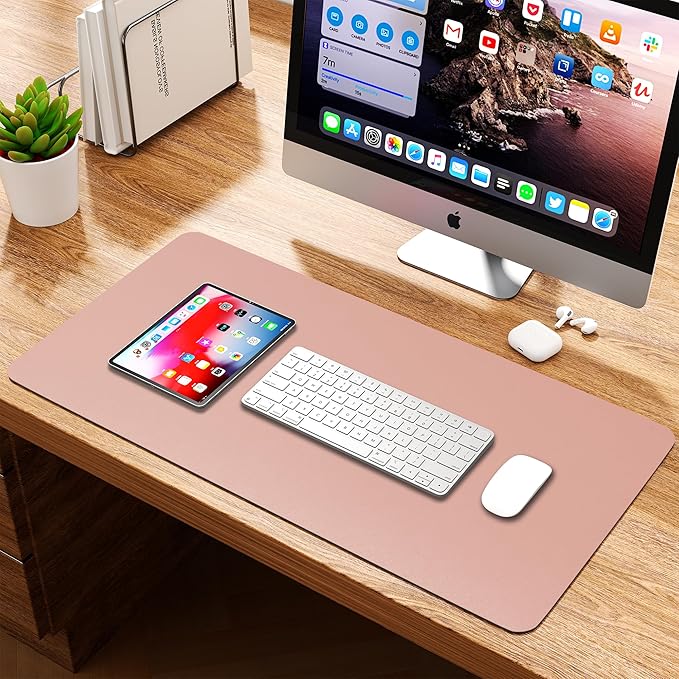 WAYBER Leather Desk Pad Protector, Waterproof Mouse Pad, PU Desk Mat, Office Desk Cover, Desk Writing Mat for Office/Home/Work/Cubicle (Pink/Silver) 35.4x17in
