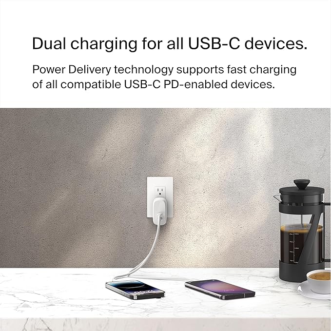 Belkin Dual USB C Charger Block 60W (2 Pack) w/PPS Super Fast Charging - Samsung Galaxy S25, Apple iPhone 17, Air, Pro, Pro Max, iPad, AirPods, Apple Watch, Google Pixel, Nintendo Switch 2 - White