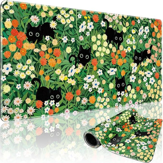 Cute Flower Cat Large Gaming Mouse Pad 31.5"x15.7", Flower XXL Desk Mat, Non-Slip Rubber Base & Stitched Edges Extended Mousepad for PC/Laptop/Office/Home Decor