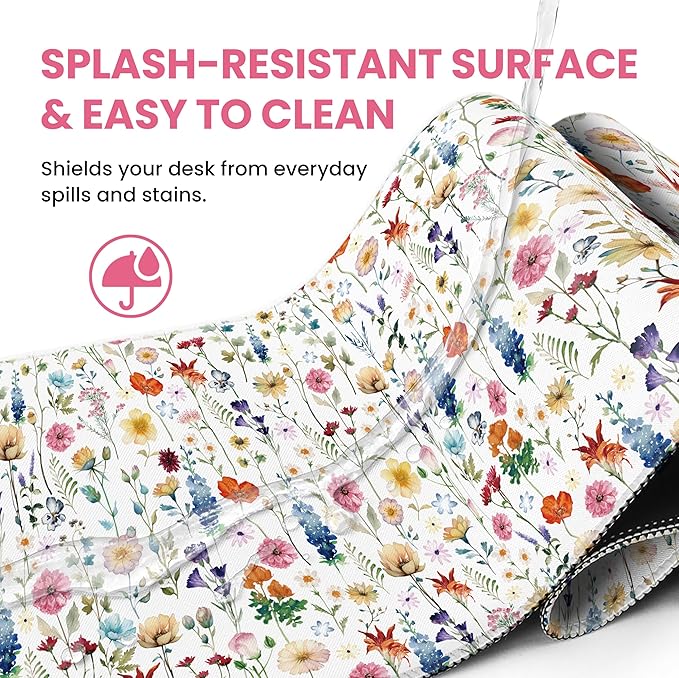Large Mouse Pad for Desktop, Cute Desk Mat Pad Protector for Work & Gaming, Aesthetic Pretty Anti-Slip Laptop Blotter Cover for Office School Home Supplies, Wildflowers, 35.4" x 15.7"