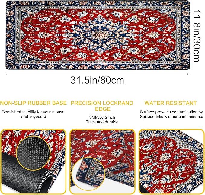 Desk Pad Boho Floral Desk Mat for Keyboard and Mouse, Large Mousepad with Stitched Edges for Work Game Office, 31.5 x 11.8 in