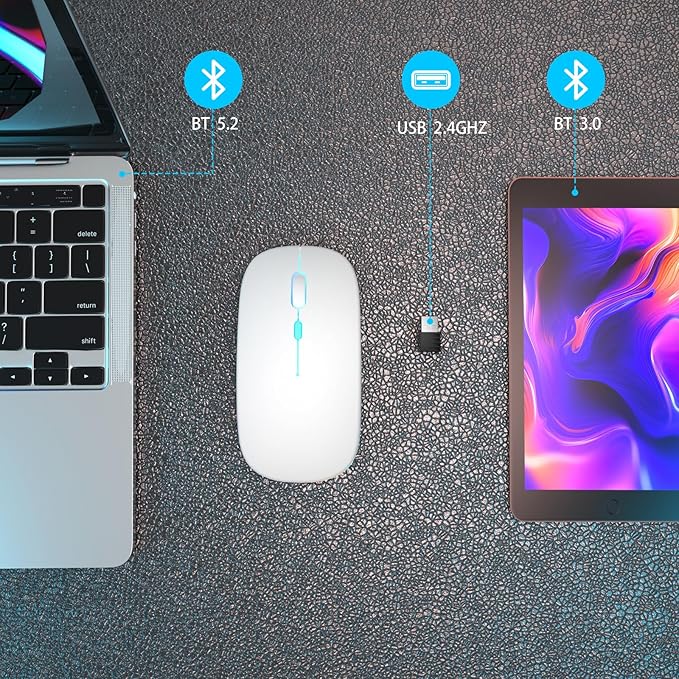 Wireless Bluetooth Mouse Rechargeable Laptop Mice with LED Use Portable(BT5.2 and USB 2.4G) Dual Mode Connection Silent Slim Computer Mouse for Laptop/iPad Tablet/Apple MacBook/PC(White)