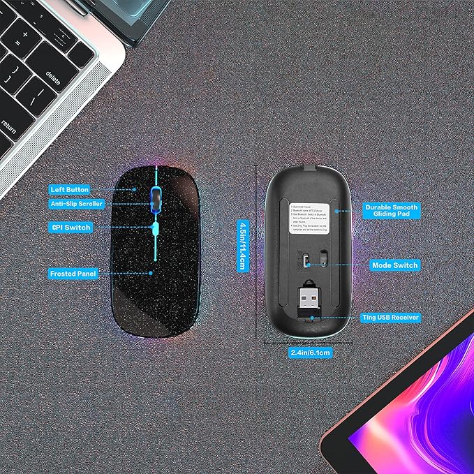 Wireless Bluetooth Mouse Rechargeable Laptop Mice with LED Use Portable(BT5.2 and USB 2.4G) Dual Mode Connection Silent Slim Computer Mouse for Laptop/iPad Tablet/Apple MacBook/PC(Pearl Black)