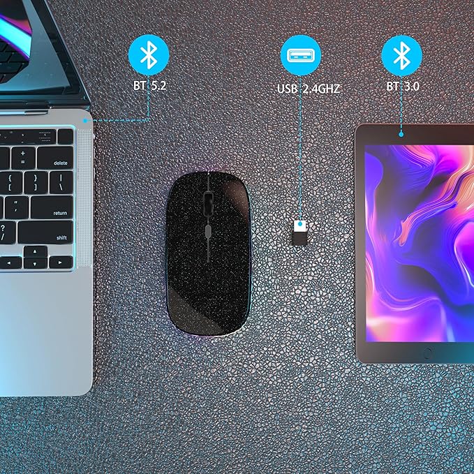 Wireless Bluetooth Mouse Rechargeable Laptop Mice Use Portable(Bluetooth5.2 and USB 2.4G) Dual Mode Connection Silent Slim Computer Mouse for Laptop/iPad Tablet/Apple MacBook/PC(Bright Black)