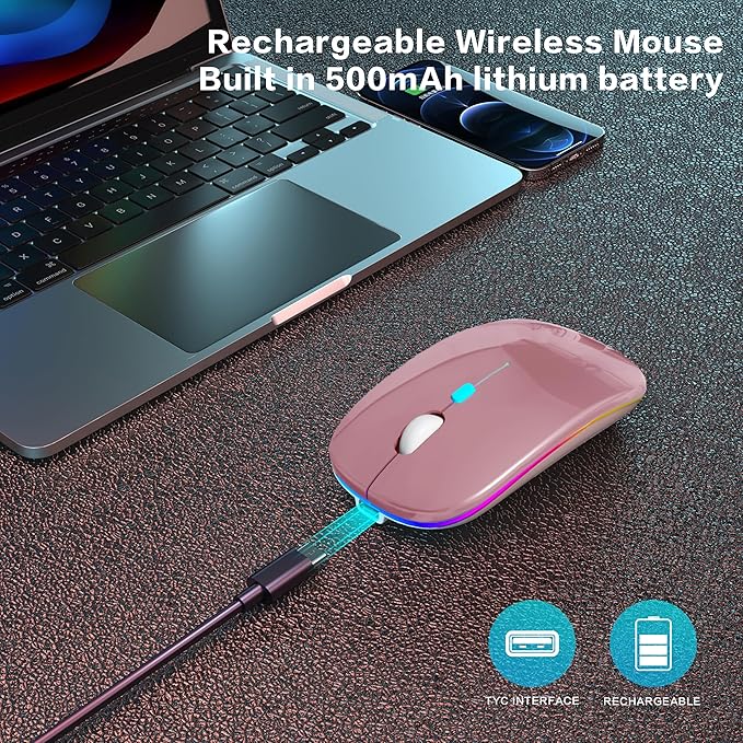 Wireless Bluetooth Mouse Rechargeable Laptop Mice with LED Use Portable(BT5.2 and USB 2.4G) Dual Mode Connection Silent Slim Computer Mouse for Laptop/iPad Tablet/Apple MacBook/PC (Rose Gold)