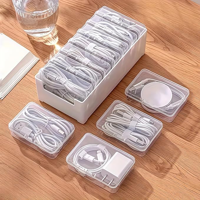 7 Box Cable Organizer Storage Box, Desktop Cable Management with Switch, Power Cord Organizer for Office,Home,Desk Accessories Storage Stationery Supplies and Accessories???Clear by DTHUIHUA