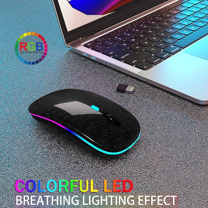Wireless Bluetooth Mouse Rechargeable Laptop Mice with LED Use Portable(BT5.2 and USB 2.4G) Dual Mode Connection Silent Slim Computer Mouse for Laptop/iPad Tablet/Apple MacBook/PC(Pearl Black)