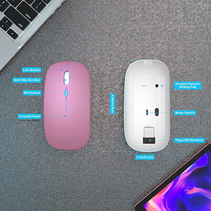 Wireless Bluetooth Mouse Rechargeable Laptop Mice with LED Use Portable(BT5.2 and USB 2.4G) Dual Mode Connection Silent Slim Computer Mouse for Laptop/iPad Tablet/Apple MacBook/PC (Rose Gold)