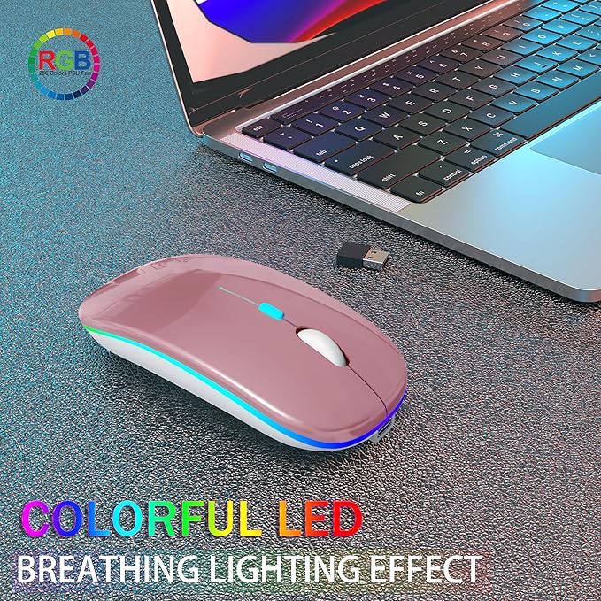 Wireless Bluetooth Mouse Rechargeable Laptop Mice with LED Use Portable(BT5.2 and USB 2.4G) Dual Mode Connection Silent Slim Computer Mouse for Laptop/iPad Tablet/Apple MacBook/PC (Rose Gold)