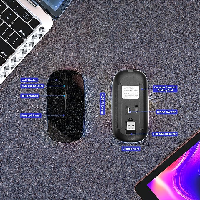 Wireless Bluetooth Mouse Rechargeable Laptop Mice Use Portable(Bluetooth5.2 and USB 2.4G) Dual Mode Connection Silent Slim Computer Mouse for Laptop/iPad Tablet/Apple MacBook/PC(Bright Black)